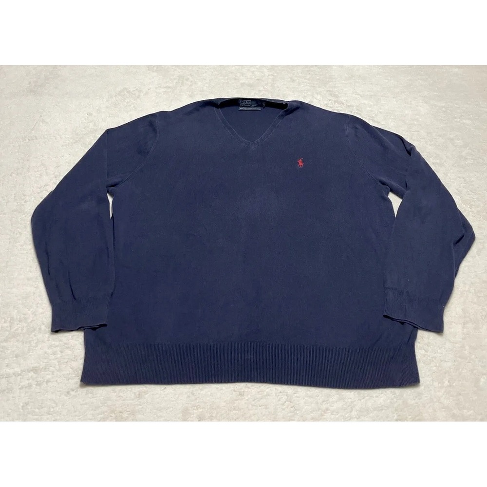 Polo Ralph Lauren Sweater Mens Size XL Blue Long Sleeve V Neck Red Pony Vintage